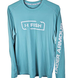 Under Armour Fish Shirt Mens Sz M Green HeatGear Long Sleeve Fishing Performance